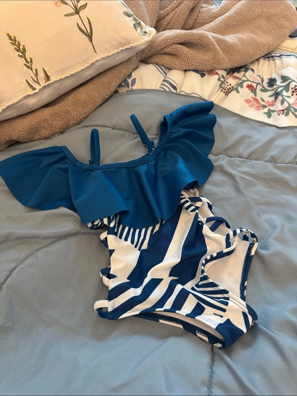 Girls' Blue Ruffle One-Piece Swimsuit - Nautical Stripe